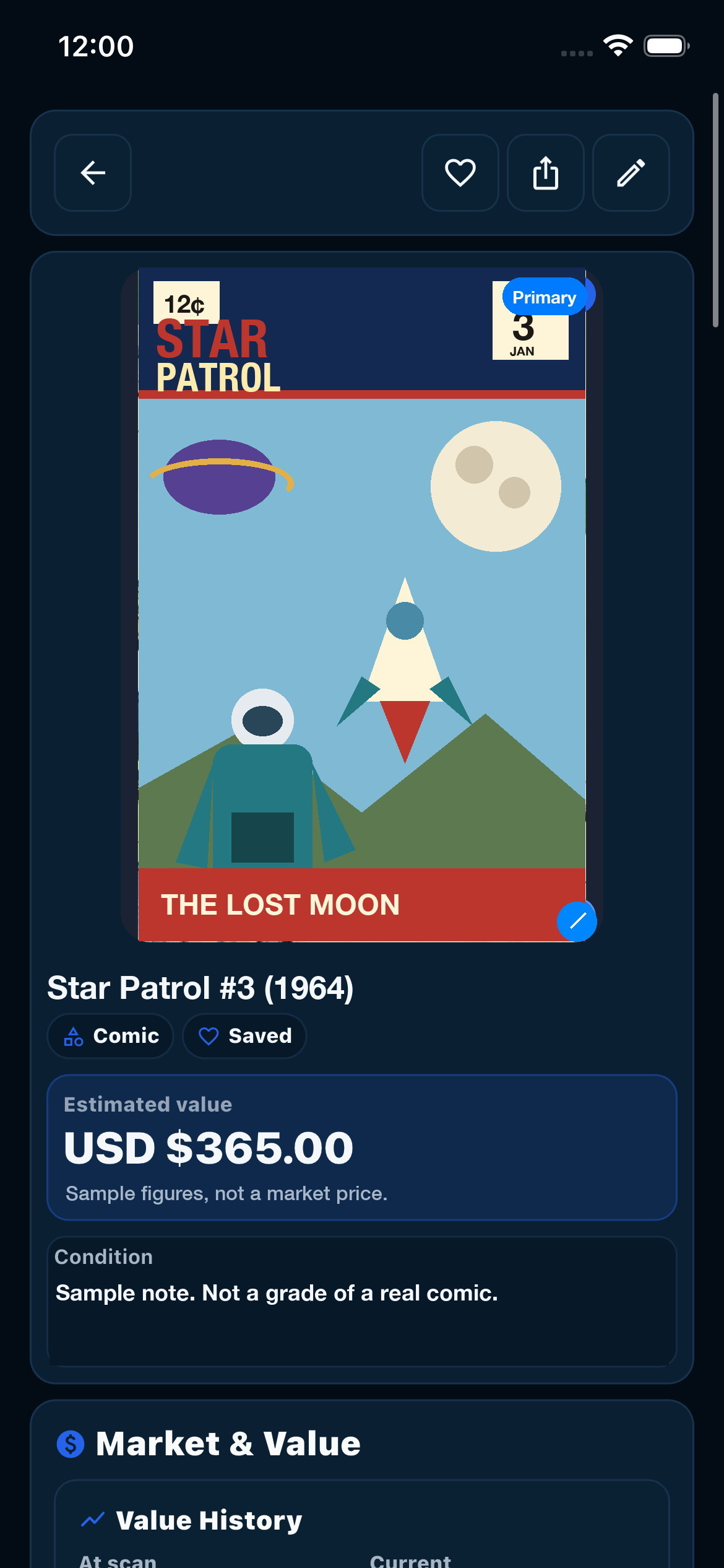 A sample PackLox item screen with an original comic cover, Star Patrol. The figures are not a market price.